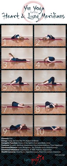 a woman doing yoga poses with the words heart and lung meridians written below it