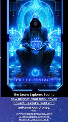 a poster with the words four of pentacles written in blue and black on it