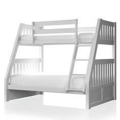 a white bunk bed with two sets of stairs on the bottom and one set below