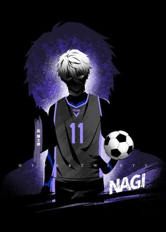 a man holding a soccer ball on top of a black field with the words nagi in front of him