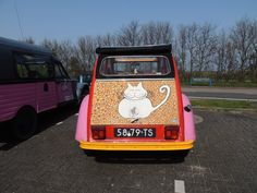 the back end of an old car with a cat painted on it