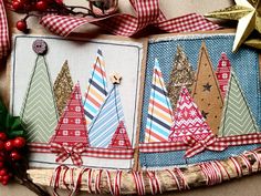 an image of christmas trees made out of fabric and ribbon on a piece of wood