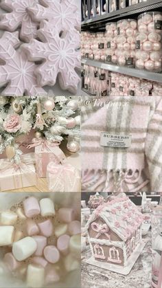 pink and white christmas decorations in a store