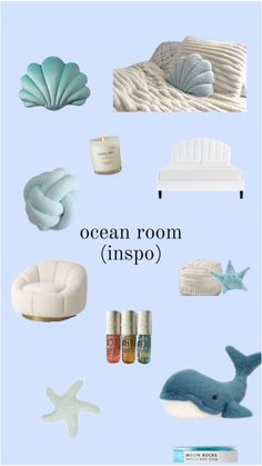 the ocean room inspo is shown in blue and white