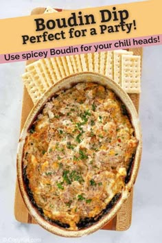 an advertisement for boudiin dip perfect for a party with waffles on the side