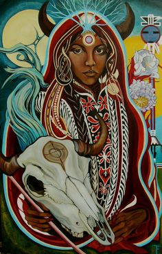 a painting of a woman holding a cow's skull in front of a colorful background