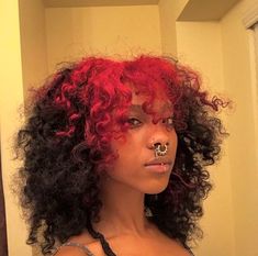 Red Roots Curly Hair, Dyed Roots Curly Hair, Red And Black Hair Curly, Pink And Black Curly Hair, Curly Colored Hair Aesthetic, Curly Hair Under Dye, Dyed Short Curly Hair, Dyed Underlayer Curly Hair, Curly Dyed Hair