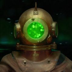 a close up of a person wearing a diving suit with green lights on his face