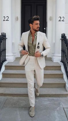 Credits (IG):  • rowanrow Men Linen Suit, Mens Wedding Suits, Suit Prom, Beach Wedding Attire, Beige Suits