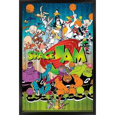 an advertisement for space jam, featuring cartoon characters and basketball hoops in the background