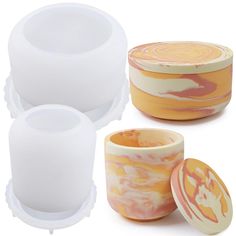 three different types of bowls and lids on a white background, one with an orange design