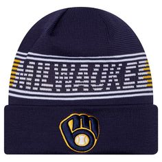 Stay warm while repping your Milwaukee Brewers with this New Era Authentic Collection Cuffed Knit Hat. This officially licensed knit hat features detailed Milwaukee Brewers embroidery on the cuff, showcasing your team pride in style. Made from soft and warm polyester, this hat is designed to keep you comfortable all season long, whether you're at the ballpark or braving the elements. Adjustable Beanie With Embroidered Logo, Winter Snapback Hats For Sports Events, One Size Beanie For Sports Events, One Size Fits Most Beanie For Sports Events, One Size Fits Most Sports Beanie, Embroidered Logo Beanie One Size Fits Most, Embroidered Logo Beanie, Beanie With Embroidered Logo, One Size Fits Most Beanie With Embroidered Logo