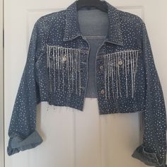 Nwt Denim Jacket Button Down Closure Bedazzled Denim, Casual Cowgirl, Rhinestone Cowgirl, Fringe Jeans, Rhinestone Fringe, Jacket Buttons, Jean Coat, Jean Jacket, Coats For Women