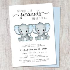 two baby elephants are standing next to each other on a wooden surface with the words, two sweet little peanuts are on their way