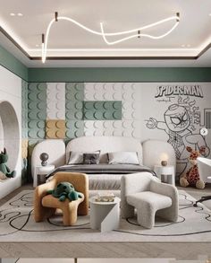 this bedroom is decorated in white and green colors with lots of toys on the floor