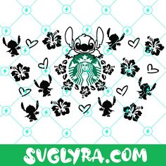 the starbucks logo is surrounded by flowers and hearts on a white background with green squares