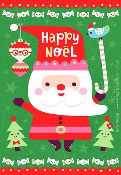 a christmas card with a santa clause and ornaments on the green background, says happy noel