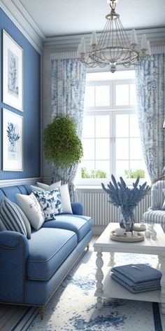 a living room with blue and white decor on the walls, couches, coffee table and rugs