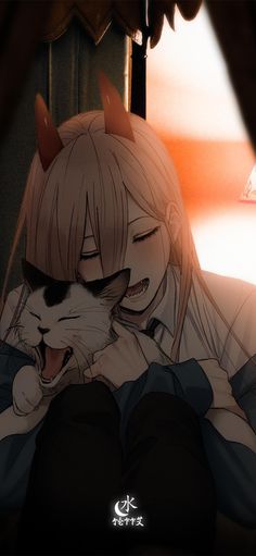 an anime character is holding a cat in her lap