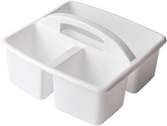 two white plastic storage containers with lids on each side and an opening at the top