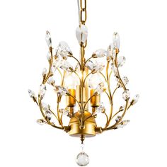 a golden chandelier with crystal drops hanging from it's center point, on an isolated white background