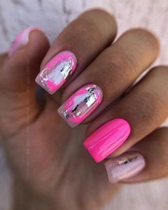 Pink Foil Nails, Bachelorette Nails, Foil Nail Designs, Foil Nail Art, Pink Gel, White Nail, Summer Acrylic Nails, Foil Nails, Silver Nails