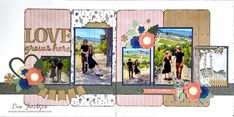 a scrapbook page with two pictures of people in the background and flowers on it