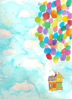 a painting of a house with balloons floating in the sky