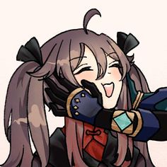 an anime character with long hair and gloves hugging her arm over her shoulder, smiling at the camera