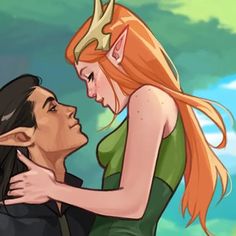 a woman hugging a man with horns on his head and an elf's face