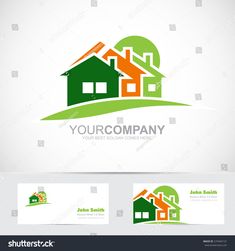 house logo design with green and orange colors on white background for real estate company or business