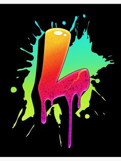 the letter k is painted in bright colors and dripping paint on a black background with multicolored spots