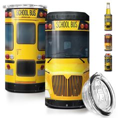 a yellow school bus is next to some bottles and cans with the words school bus on them