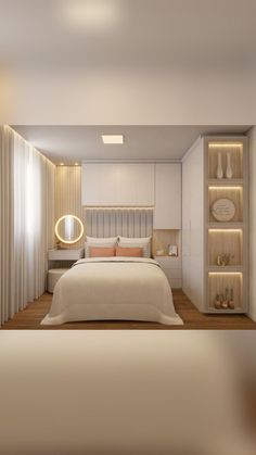 a bedroom with white walls and wooden flooring is lit by recessed lights above the bed