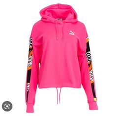 Puma Aop Cropped Hoodie, Size S(Loose Fit),Color Glowing Pink,Animal Print On The Sleeves, New, Never Wore, With Tags. Puma Classic, Pink Animal Print, Pink Animals, Girly Accessories, Cropped Hoodie, Pink And Orange, Animal Print, Loose Fitting, Tags