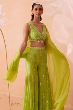 Buy Green Silk Organza Hand Embroidered Pearls V Neck Blouse Sharara Set For Women by PARUL GANDHI Online at Aza Fashions. Cape Sharara, Neon Pants, Pre Bridal, Organza Blouse, Indian Wedding Wear, Line Work, Sharara Set, Silk Organza, V Neck Blouse