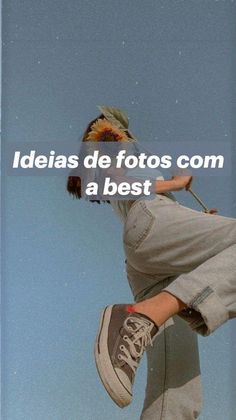 a person jumping in the air on a skateboard with words above them that read ideas de fotos com a best