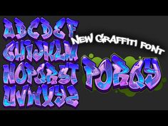 graffiti font in purple and green on a black background