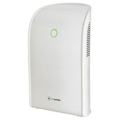 a white air purificater with green buttons on the front and side