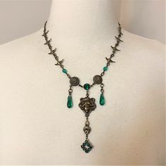 "Vintage Art Nouveau Czech Birds Chain & Green Glass Necklace Gorgeous vintage Art Nouveau Czech glass necklace. It is made up of rhinestone and green glass set in an ornate antique brass setting, Measuring roughly 19\" long, pendant 3.5\" long, The stones all appear to be in fantastic very good condition, Pictures are part of the description so please look at all the pictures and if you have any question please feel to ask! Make sure you check out my other vintage items!" Green Vintage Charm Brass Jewelry, Green Brass Jewelry With Vintage Charm, Antique Green Jewelry With Vintage Charm, Bronze Metal Necklace From Vintage Collection, Bronze Metal Necklace For Vintage Collection, Green Bohemian Jewelry With Vintage Charm, Bohemian Green Jewelry With Vintage Charm, Antique Green Jeweled Necklace, Antique Green Jeweled Necklaces