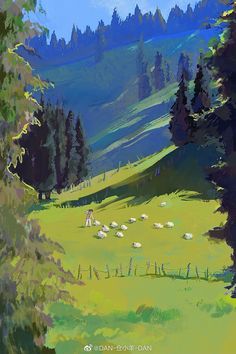 a painting of sheep grazing in a field