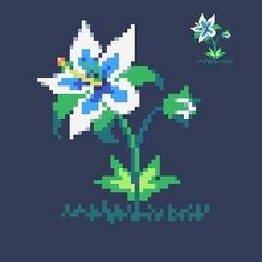 a cross stitch pattern with a white and blue flower in the center on a dark background