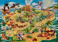 a board game is shown with many characters on it and an island in the background