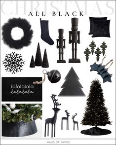 christmas items are arranged in black and white, including stockings, trees, candles, ornaments