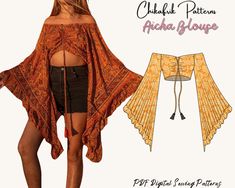 This is Aicha blouse pattern that was digitized for you! This sewing pattern blouse has a 70s vibes boho with long bell sleeve and offshoulder. This is a PDF digital download sewing pattern to be printed at home on a home printer or if you prefer at a print shop. All my pattern files include a layer option so you can choose to print just your size or multiple sizes of your choice to save ink and time. The pattern includes 15 sizes : 30 to 58 Europe size, 00 to 26 US size, and 2 to 30 UK size Files included: - US letter printable pattern ( for US letter printers and paper) - A4 printable pattern ( for A4 size printers and paper) - A0 printable pattern (large format for print shop printing) - Book instruction with step-by-step illustration, with recommended fabric, its dimension, pattern ass Bell Sleeves Sewing Pattern, Hippie Sewing Patterns, Rave Sewing Patterns, Boho Blouse Pattern, Bell Sleeves Pattern, Witchcore Fashion, Sewing Pattern Blouse, Bell Sleeve Pattern, 70s Sewing