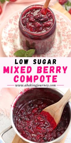 low sugar mixed berry compote in a white bowl with a wooden spoon next to it