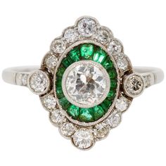 Antique Ladies Art Deco Style Gold Ring with Diamonds and Emeralds. Platinum or white gold. Large solitaire has approx. 0.45 carat. US ring size about 7 3/4. Including certificate of authenticity. Jewelry Rings Unique, Emerald Halo, Art Deco Engagement, Platinum Engagement Rings, Estilo Art Deco, Deco Engagement Ring, Art Deco Engagement Ring, Deco Jewelry, Art Deco Diamond