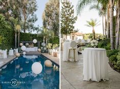 an outdoor wedding venue with tables and chairs next to a pool surrounded by palm trees