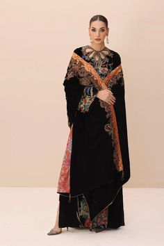 Elegant Black Embroidered Pakistani Salwar Kameez with Heavy Shawl Formal Semi-stitched Jamawar Dupatta, Traditional Floor-length Kurta With Naqshi, Traditional Floor-length Naqshi Kurta, Black Dupatta For Designer Wear & Transitional Seasons, Black Designer Wear Dupatta For Transitional Season, Formal Anarkali Set With Naqshi Details, Formal Anarkali Set With Naqshi, Designer Naqshi Salwar Kameez With Traditional Drape, Anarkali Unstitched Suit With Naqshi And Traditional Drape