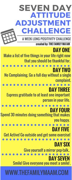 Seven Day Attitude Adjustment Challenge: Seven days to a positive mind. Positivity Challenge, Attitude Adjustment, Mental Training, Positive Mind, Seven Days, New Energy, Healthy Meals, Good Advice, Me Time